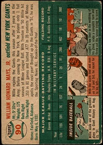 1954 Topps 90 Willie Mays New York Giants Giants Giants