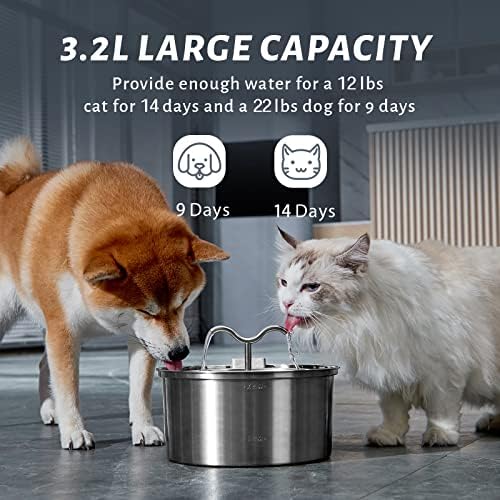 מזרקת מים לחתול דוב, 3.2 ליטר/108 עוז נירוסטה מתקן מים לחיות מחמד אוטומטי מתכת מזרקות שתייה לכלבים קערת
