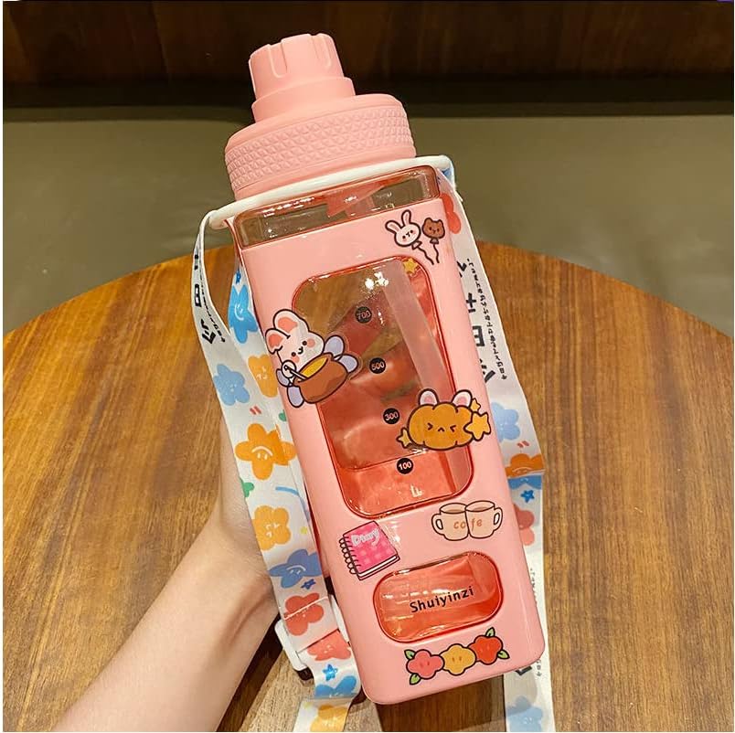 בקבוק מים קוואי 24 עוז עם מדבקות קש בקבוקי מים לילדים בנות חמודות עם רצועת כתף מתכווננת ומדבקות 3 ד',