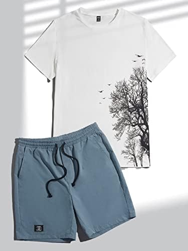 NIBHZ תלבושות שני חלקים לגברים גברים הדפס עץ טיי ומכנסיים קצרים המותניים