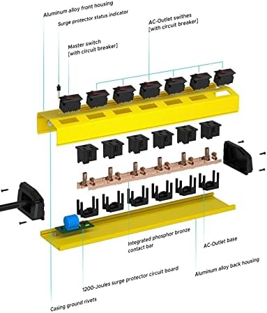 רצועת חשמל עם מתגים בודדים ותקע שטוח, CRST 6-Outlet Metal Metal Proffure Struge Surge Surge Surge