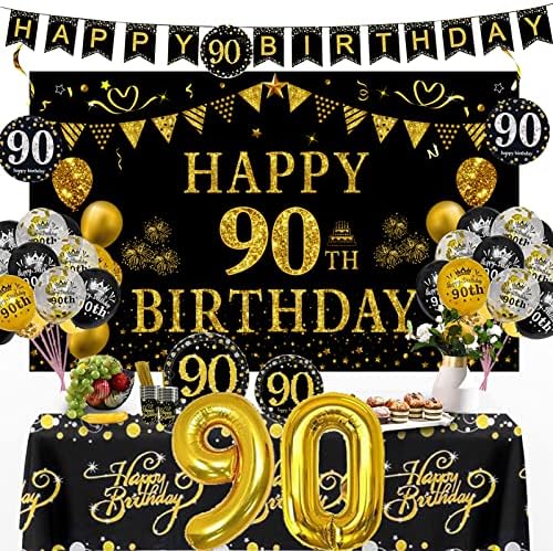 סט קישוטי יום הולדת 90 של טרגוול כולל רקע שחור וזהב בגודל 5.9 על 3.6 רגל, באנר ליום הולדת, 24 כלי אוכל