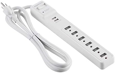 יסודות אמזון 6-אאוטלט מגן על רצועת חשמל, 2 יציאות USB, כבל 2 רגל-500 ג'ול, לבן, 2 חבילות ומגן נחשול