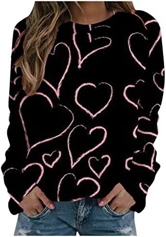 יום האהבה, הלב המודפס של נשים אופנה מזדמנת אופנה מזדמנת חולצות שרוול ארוך חולצות טרנדי טוניקה טוניקה