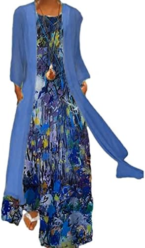 שמלת קיץ לנשים 2023 צווארון ללא שרוולים שיפון קרדיגן מוצק הדפס פרחוני שמלה ארוכה זורמת שתי חלקים סט