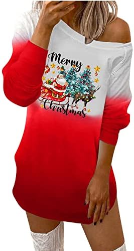 צבע עניבת חולצה שמלה לנשים מכוער חג המולד הדפסה ארוך שרוול טוניקת שמלות חג המולד גרפי מזדמן שיפוע מיני