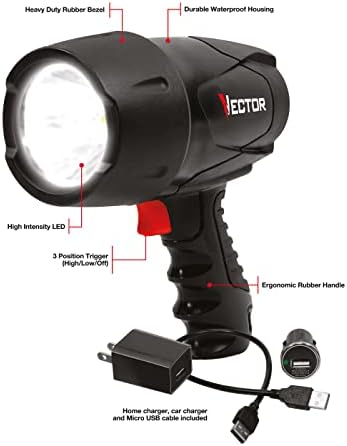 Vector LED Flashlight Flightlight, FL5W10V, נטען, אטום למים, 600 לומן, כולל מטען ביתי 120 וולט AC +