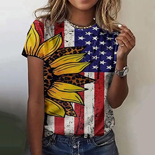חולצות טפלאי חמניות דגל אמריקאי נשים 4 ביולי חולצת יום העצמאות הדפסת קיץ הדפסת שרוול קצר טי טיי חולצה