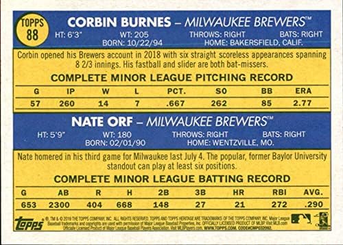 2019 TOPPS HERITAGE 88 NATE ORF/CORBIN Burnes Milwaukee Brewer