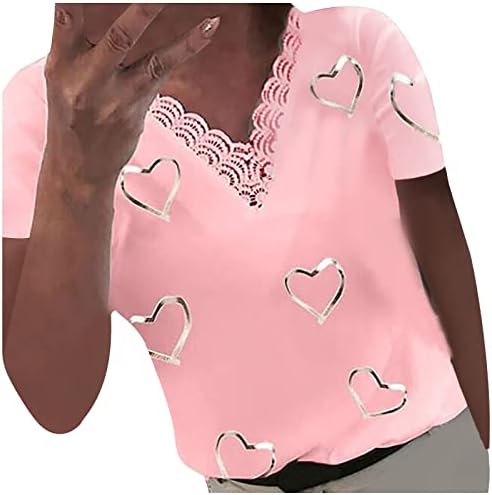 גזעי תחרה לנשים V צוואר גזעי חולצות שרוול קצר מזדמנים חולצות חולצות לב מודפסים טוניקות סוודר צוואר עגול