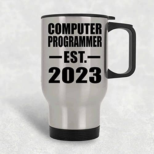 Designsify מתכנת מחשבים מבוסס est. 2023, ספל נסיעות כסף 14oz כוס מבודד מפלדת אל חלד, מתנות ליום הולדת