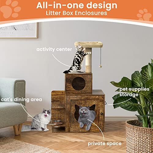 בודאטו חתול ארגז חול מארז עם חתול עץ מגדל ודירה, ארגז חול ריהוט נסתר, מקורה קיטי בית עם סיסל מגרד הודעות-חום