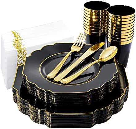 Hioasis 140 pcs צלחות פלסטיק שחורות בהירות עם כלי כסף מפלסטיק זהב המוגשים ל 20- רגישים כוללים צלחות
