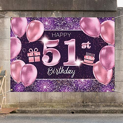 תפאורת באנר ליום הולדת 51 של פאקבו שמח - 51 קישוטים למסיבות יום הולדת ציוד לנשים - זהב סגול ורוד 4 x