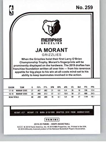 2019-20 Panini Hoops 259 JA Morant Memphis Grizzlies RC טירון NBA כרטיס מסחר בכדורסל
