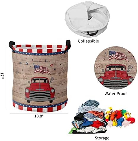 רטרו משאית עם דגל אמריקאי רטרו עץ גדול סל כביסה, עמיד למים סל כביסה עבור תינוק בגדים, אדום לבן באפלו