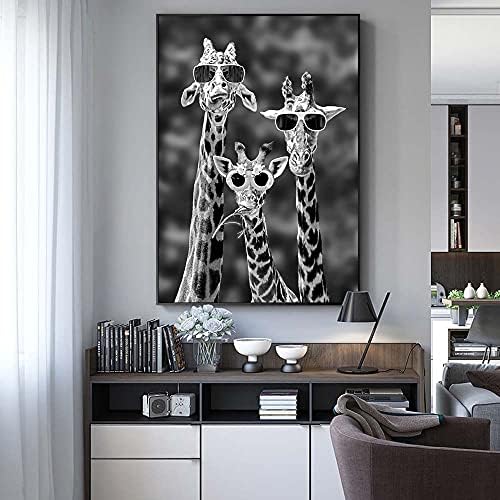 שחור ולבן ג ' ירפה משפחה עם משקפיים בד קיר אמנות ציור על קיר תפאורה פוסטר והדפסים מצחיק בעלי החיים תמונה