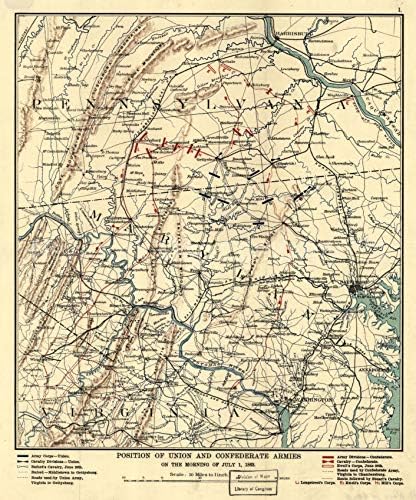 מפת 1863 / מיקום צבאות האיחוד והקונפדרציה בבוקר ה-1 ביולי 1863 / קבל