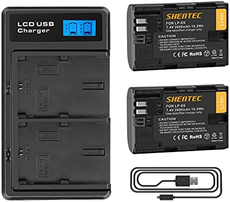 Shentec LP-E6 2600mAh סוללה 2 חבילה ומטען כפול LCD תואם ל- Canon EOS 6D Mark II, EOS 70D, 80D, EOS 60D,
