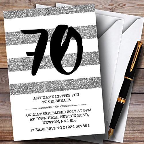 נצנצים כסף פסים לבן פסים 70 הזמנות למסיבת יום הולדת בהתאמה אישית