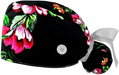 2 PCS נשים כובע עבודה מתכוונן עם כפתור כפתור פרח שחור פרחוני קוקו קומפיל קווי כובע אחורי