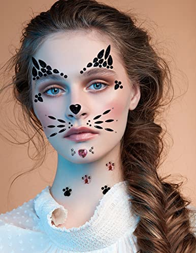 תכשיטי פנים לחתול קריסטל, אבני חן הדפסים לחתולים ורודים, מדבקת אבני חן עין של חתול שחור עם 2 גיליונות