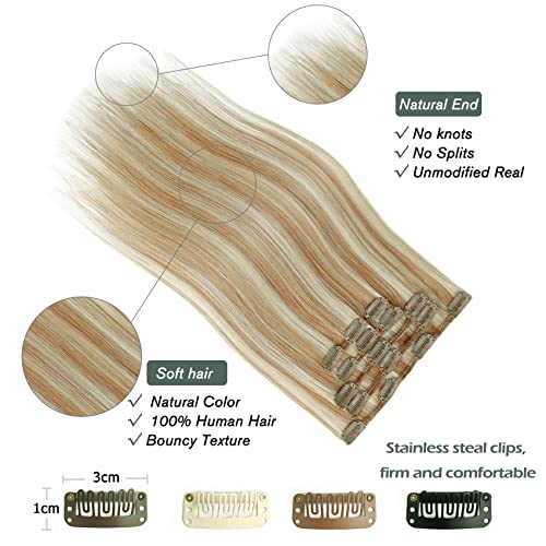 קליפ שיער הרחבות 12 ב 7 יחידות 70 גרם אור זהב חום מעורב עם מולבן בלונד אמיתי שיער טבעי הרחבות רך ישר