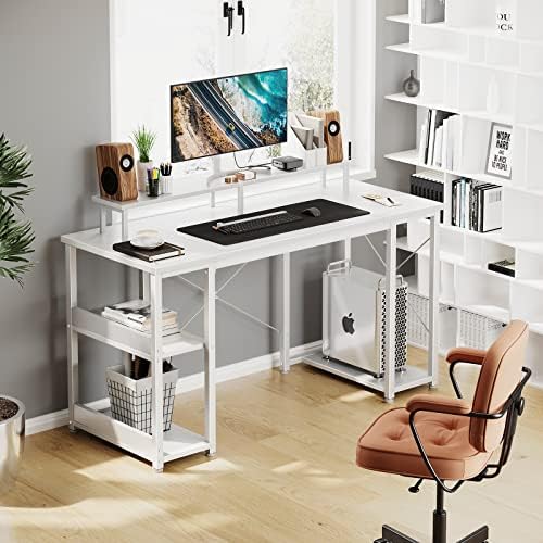 שולחן מחשב 48 אינץ ' עם מדף צג ומדפי אחסון, שולחן כתיבה, שולחן לימוד עם מעמד מעבד ומדפים הפיכים, לבן