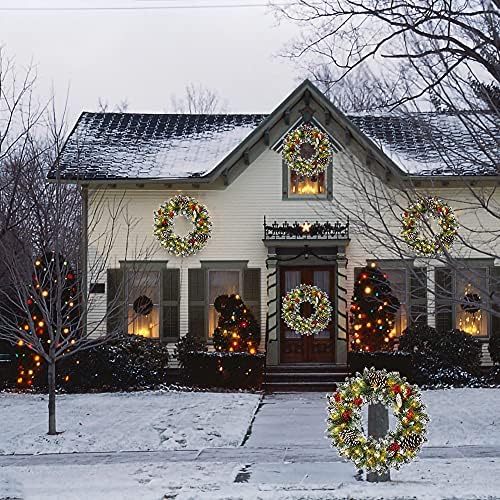 זר זר חג מולד לדלת הכניסה, זר חג המולד מלאכותי מראש מראש עם 50 אורות LED סוללה מופעלת - פתית שלג אדום