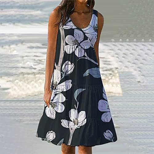 שמלת טנק של Knosfe לנשים u צוואר שמלת השמש מזדמנת שמלת חוף פרועה שמלת קיץ ללא שרוולים שמלת שולי מזדמנים