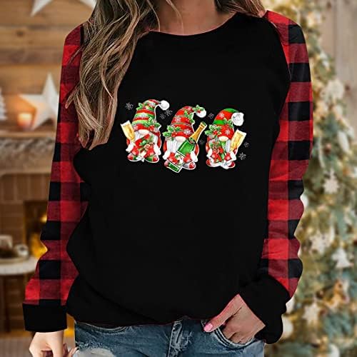 חולצת טריקו של CJHdym לנשים אופנה 2022 משובץ חג המולד סוודר מודפס שרוולים ארוכים