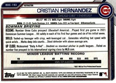 2021 Bowman Chrome Refractor BDC-193 Cristian Hernandez RC טירון Chicago Cubs MLB כרטיס מסחר בייסבול