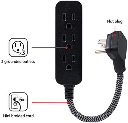 GE Home Home Ge 6-Outlet Surge מגן, כבל הארכה קלוע 4 רגל, רצועת חשמל, 840 ג'ול, תקע שטוח, UL רשום, שחור,