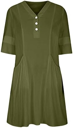 נשים כותנה פשתן חולצה שמלות קיץ צווארון חצי שרוולים כפתור עד מוצק צבע רופף מיני קצר שמלה עם כיס