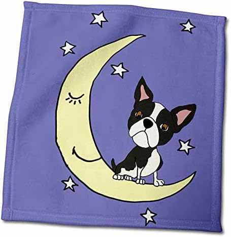 3 דרוז מצחיק חמוד בוסטון טרייר כלב יושב על קריקטורה של ירח - מגבות