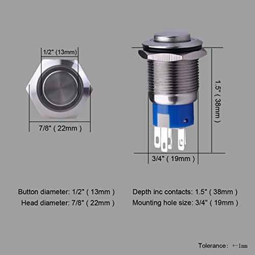 מתג לחיצת לחיצה על תפס Ulincos U19C2 1NO1NC SPDT הפעלה/כיבוי מעטפת נירוסטה כסף עם טבעת LED ירוקה המתאימה